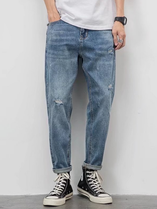 ♜ 𝔽𝕦𝕤𝕚𝕠𝕟 𝔽𝕠𝕔𝕦𝕤 𖥟 𝖏𝖊𝖆𝖓𝖘 ☞2025夏季新款牛仔褲潮流破洞休閒小直筒修身九分褲 D-101