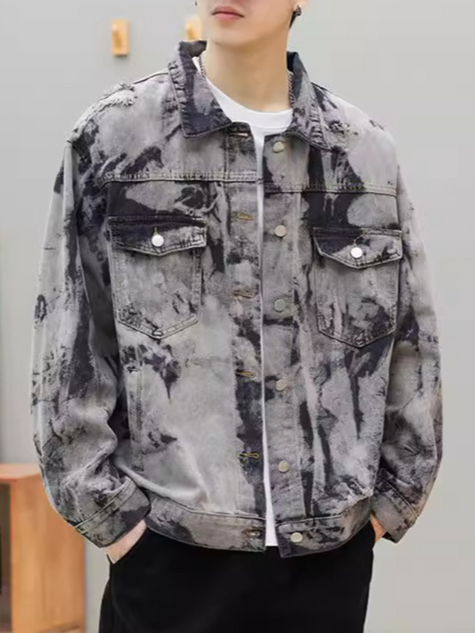 snɔoɟ uoı̣snɟ - 美式vibe風水洗做舊紮染牛仔夾克男女高街痞帥寬鬆外套 Bc-004