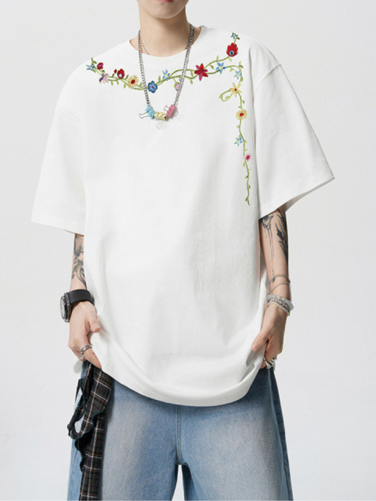 𝔽𝕦𝕤𝕚𝕠𝕟 𝔽𝕠𝕔𝕦𝕤 ✘ 美式潮牌高街刺绣藤蔓情侣短袖T恤男女夏季新款高街寬鬆半袖上衣 W24