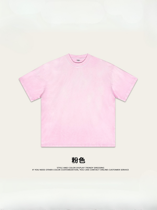 ▶𝔽𝕦𝕤𝕚𝕠𝕟 𝔽𝕠𝕔𝕦𝕤 ⌘𝓦𝓪𝓼𝓱𝓮𝓭 𝔀𝓲𝓷𝓭 ◀ 2025春夏潮牌ins新款纯棉水洗做舊短袖街頭巴家重磅半袖T恤 (粉)TZ-05