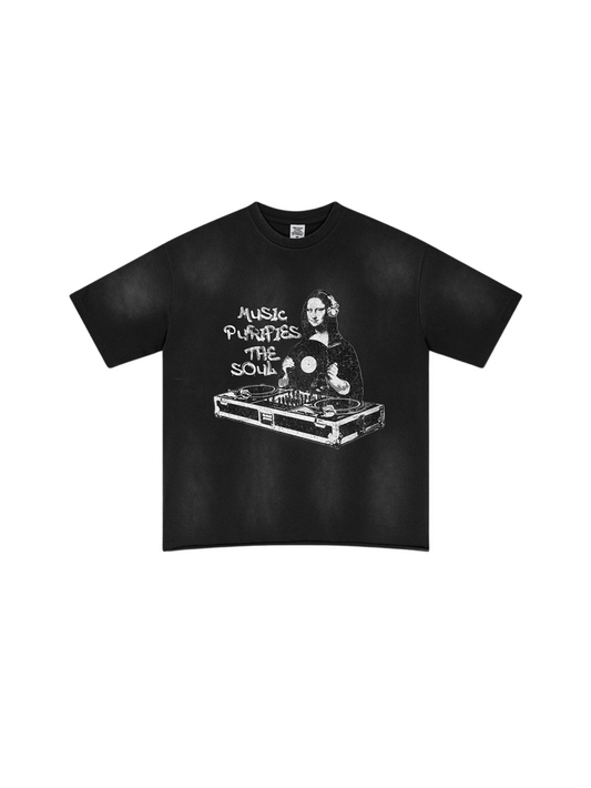 ▶𝔽𝕦𝕤𝕚𝕠𝕟 𝔽𝕠𝕔𝕦𝕤 ⌘𝓦𝓪𝓼𝓱𝓮𝓭 𝔀𝓲𝓷𝓭 ◀ 2025夏季歐美復古高街趣味蒙娜麗莎印花泛白寬鬆短袖男女同款 TZ-06