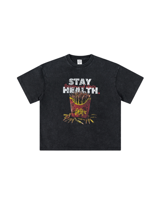 ▶𝔽𝕦𝕤𝕚𝕠𝕟 𝔽𝕠𝕔𝕦𝕤 ⌘𝓦𝓪𝓼𝓱𝓮𝓭 𝔀𝓲𝓷𝓭 ◀ 2025夏季歐美潮牌復古寬鬆上衣薯條印花惡搞短袖(黑) TZ-08