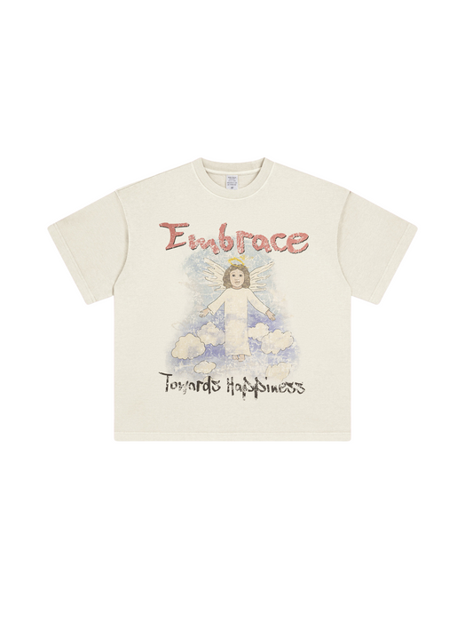 ▶𝔽𝕦𝕤𝕚𝕠𝕟 𝔽𝕠𝕔𝕦𝕤 ⌘𝓦𝓪𝓼𝓱𝓮𝓭 𝔀𝓲𝓷𝓭 ◀ 2025春季新款復古街頭潮牌ins水洗天使印花圓領寬鬆大碼短袖 TZ-09