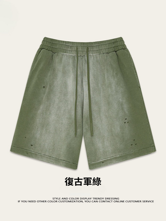 ♛𝔽𝕦𝕤𝕚𝕠𝕟 𝔽𝕠𝕔𝕦𝕤 ♛2025夏季復古重磅蠟染休閒運動五分褲 K-03