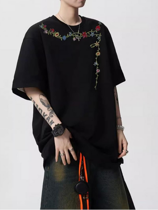 𝔽𝕦𝕤𝕚𝕠𝕟 𝔽𝕠𝕔𝕦𝕤 ✘ 美式潮牌高街刺绣藤蔓情侣短袖T恤男女夏季新款高街寬鬆半袖上衣 W24