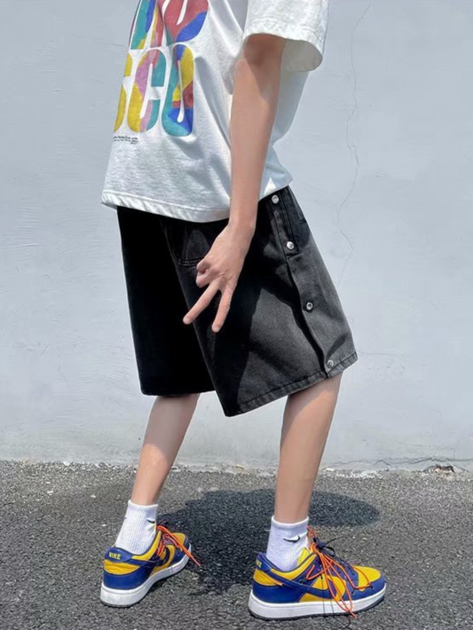 ♜ 𝔽𝕦𝕤𝕚𝕠𝕟 𝔽𝕠𝕔𝕦𝕤 𖥟 𝖏𝖊𝖆𝖓𝖘 ☞ 排扣牛仔短褲潮牌ins五分褲外穿薄款闊腿褲子潮流寬鬆 Bs-09