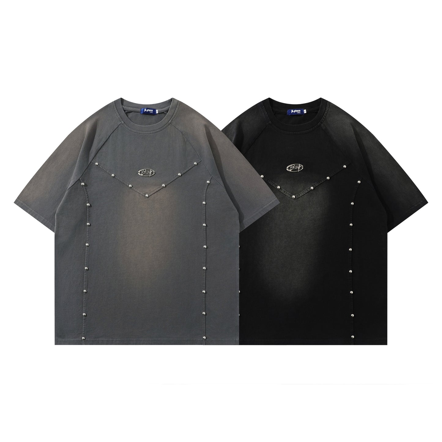 𝕃oose 𝔽it ☞𝟤𝟢𝟤𝟧 ☜美式復古拼接鉚釘圓領男女中性 T-Shirt寬版上衣J-5