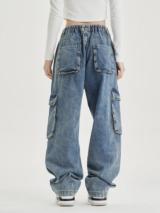 ♜ 𝔽𝕦𝕤𝕚𝕠𝕟 𝔽𝕠𝕔𝕦𝕤 𖥟 𝖏𝖊𝖆𝖓𝖘 ☞ 美式復古做舊闊腿潮多口袋工裝男女時髦高街設計感直筒長褲牛仔褲 B-19