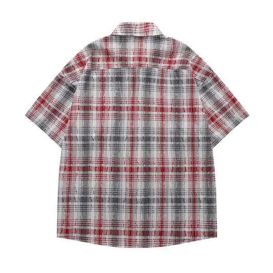 𝔼mbro 𝕊hirt𒉽日式復古毛邊格子短袖寬鬆襯衫YD-8