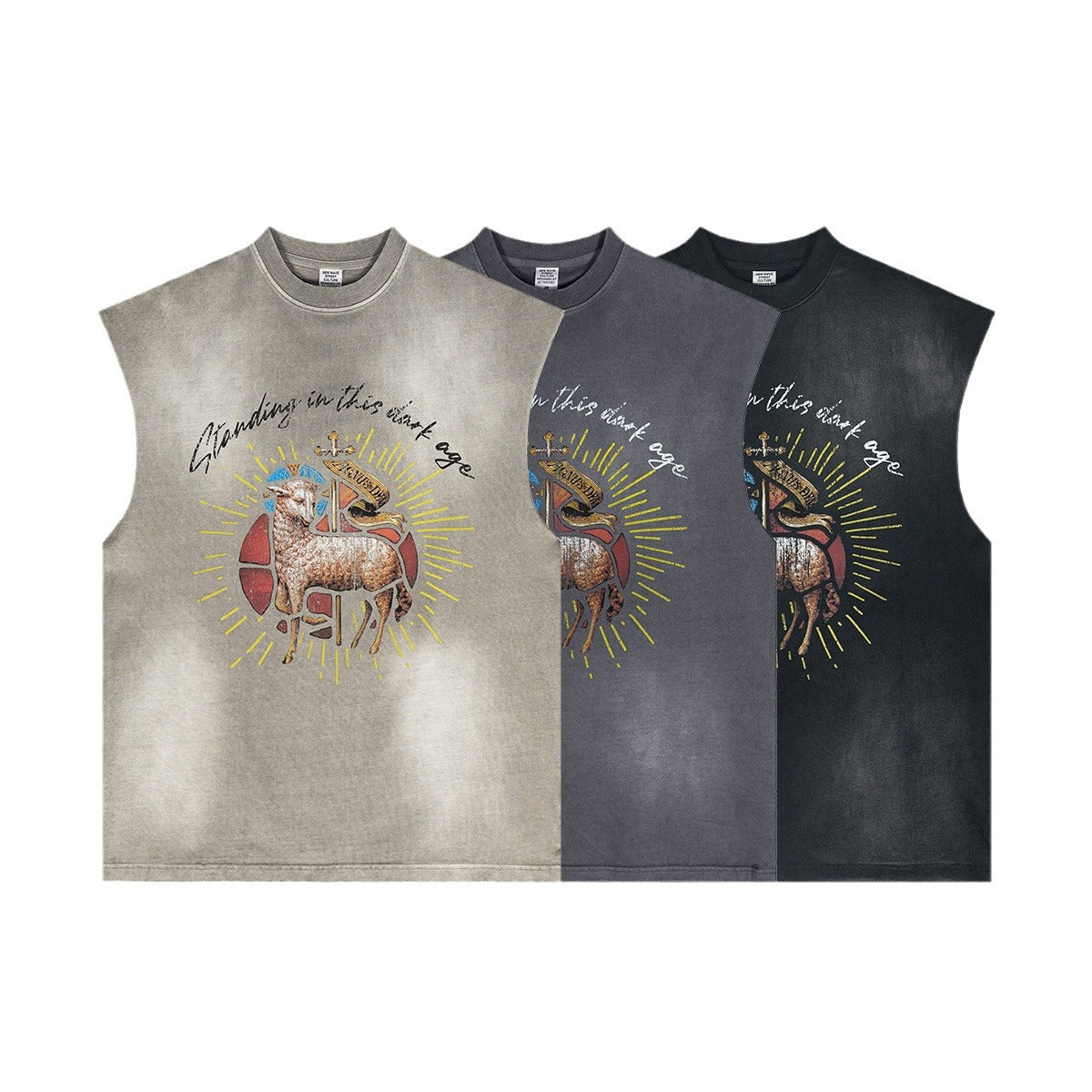 ▶𝔽𝕦𝕤𝕚𝕠𝕟 𝔽𝕠𝕔𝕦𝕤 ⌘𝓦𝓪𝓼𝓱𝓮𝓭 𝔀𝓲𝓷𝓭 ◀ 2025春夏歐美潮牌oversize街頭漸變無袖坎肩背心復古水洗t恤 TZ-13