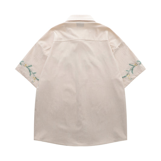 𝔼mbro 𝕊hirt𒉽美式復古花卉刺繡燈芯絨短袖寬鬆襯衫Y-7