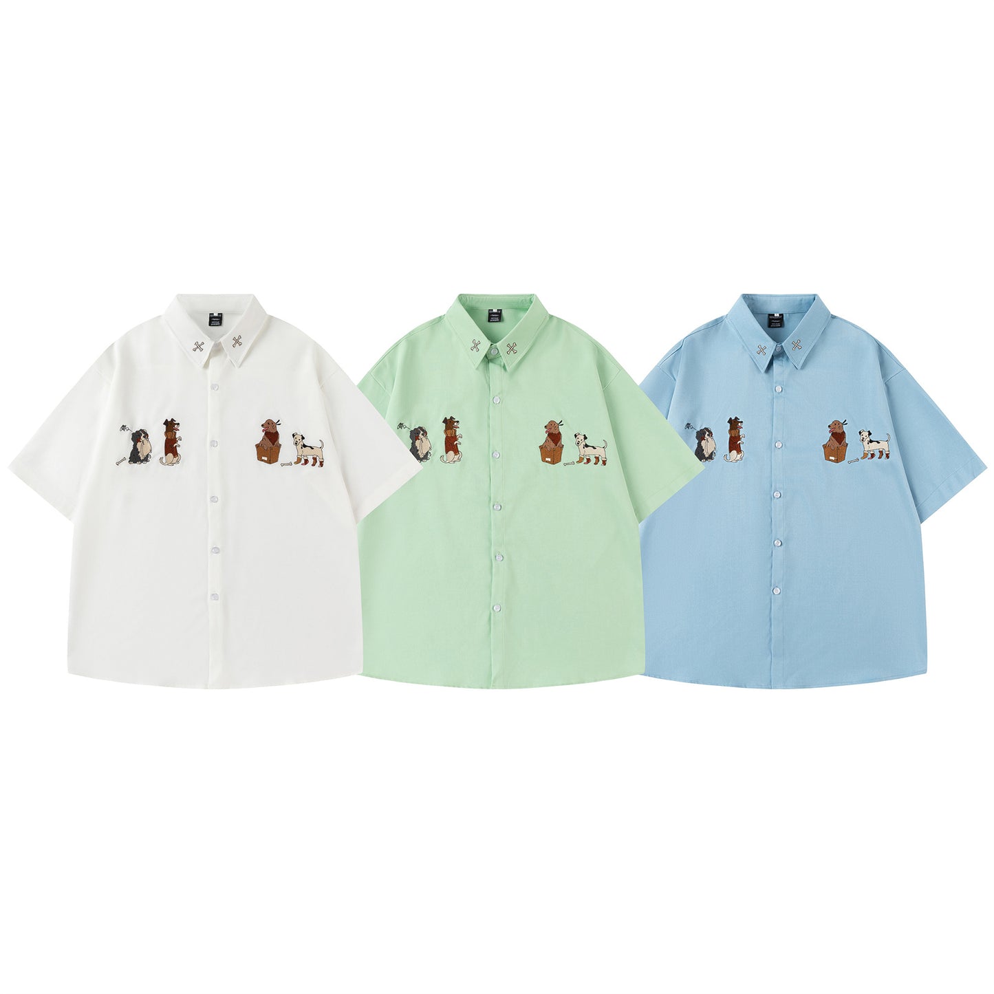 𝔼mbro 𝕊hirt𒉽美式復古可愛小狗刺繡寬鬆百搭短袖襯衫 (綠色)
