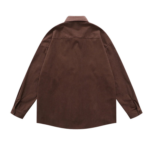 𝔼mbro 𝕊hirt𒉽日式可愛貓咪刺繡設計感燈芯絨寬鬆襯衫外套(棕色)