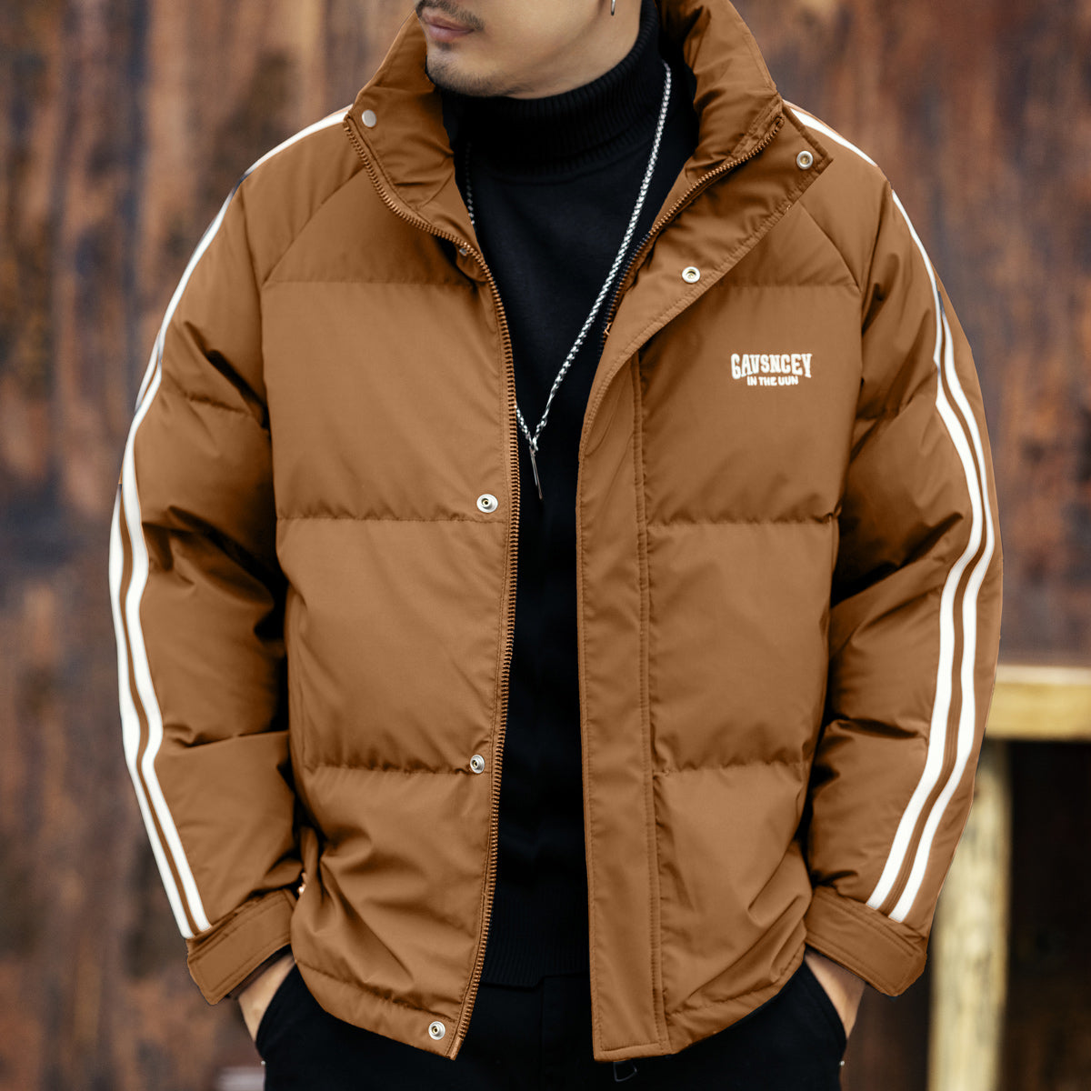 snɔoɟ uoı̣snɟ - 格藍鹿字母刺繡條纹黑色羽绒服秋冬加厚保暖鴨绒休閒外套 FG-352