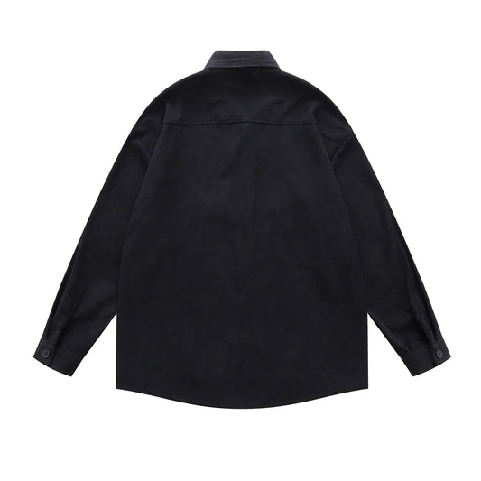 𝔼mbro 𝕊hirt𒉽日式復古刺繡設計感燈芯絨寬鬆襯衫外套(黑色)