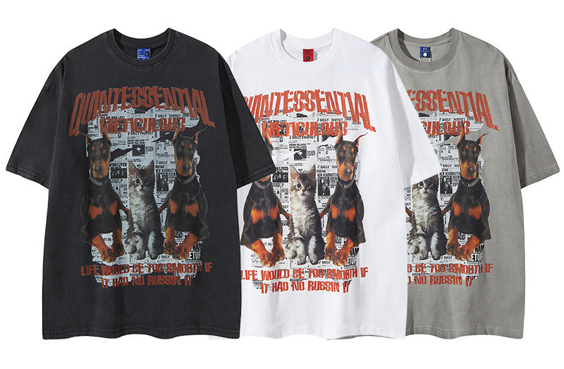 𝕃oose 𝔽it ☞𝟤𝟢𝟤𝟧 ☜美式復古貓狗印花風格男女中性 T-Shirt寬版上衣 FY58