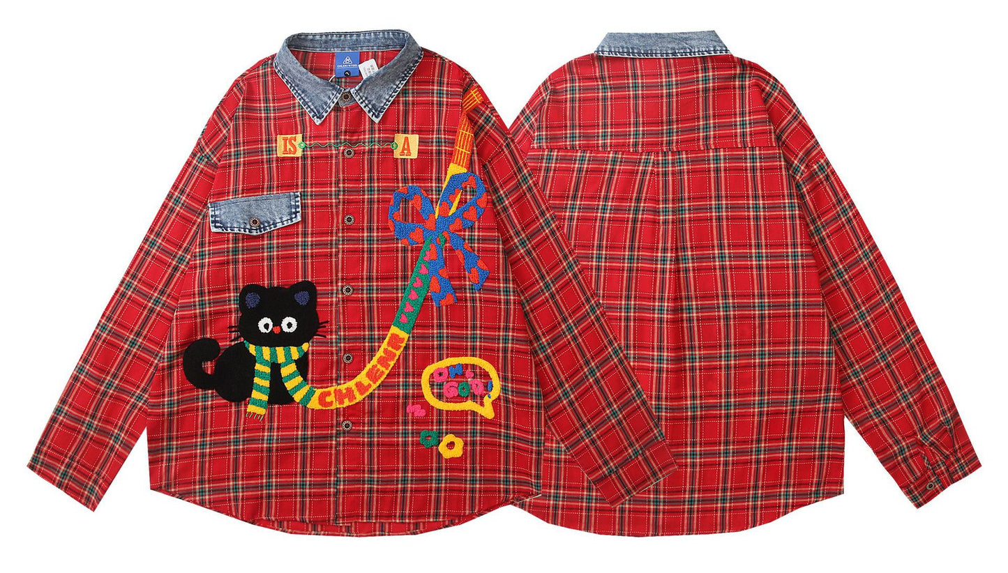 𝔼mbro 𝕊hirt𒉽2025秋冬卡通小貓刺繡寬鬆襯衫外套C-69