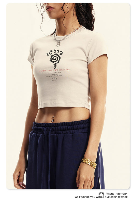 Fierce & Fitted 美式夏季修身磨損印花辣妹短版上衣07 復古米