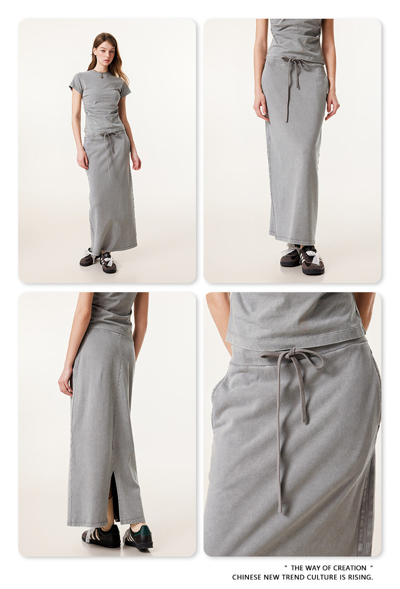 Fierce & Fitted 夏季辣妹必備INS緊身短款上衣 收腰直筒長裙套裝N-7 淺灰色