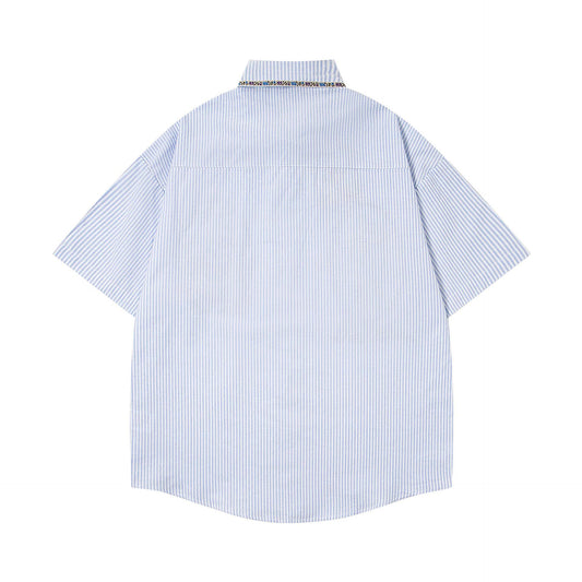 𝔼mbro 𝕊hirt𒉽美式復古設計感小花貼布繡條紋休閒寬鬆襯衫 MO-71