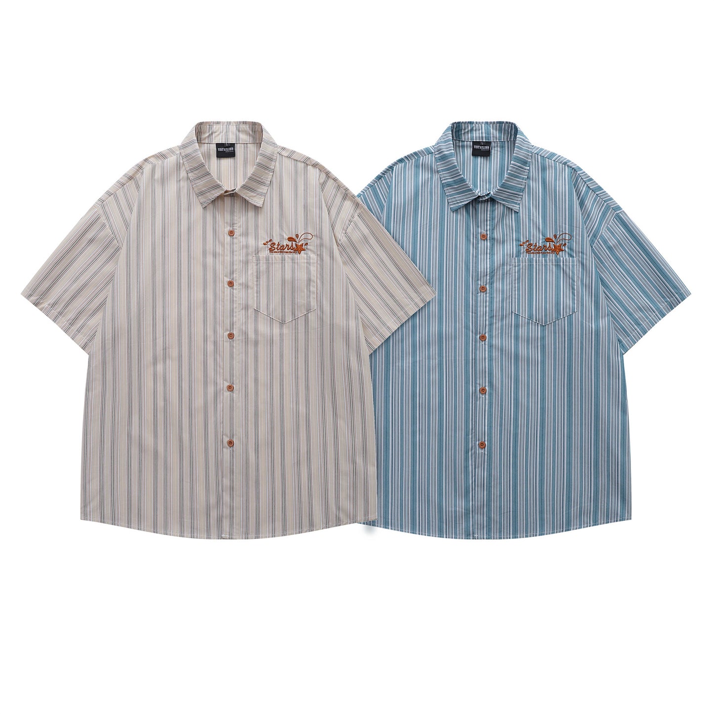 𝔼mbro 𝕊hirt𒉽日式復古字母刺繡條紋百搭休閒短袖襯衫 (杏色)