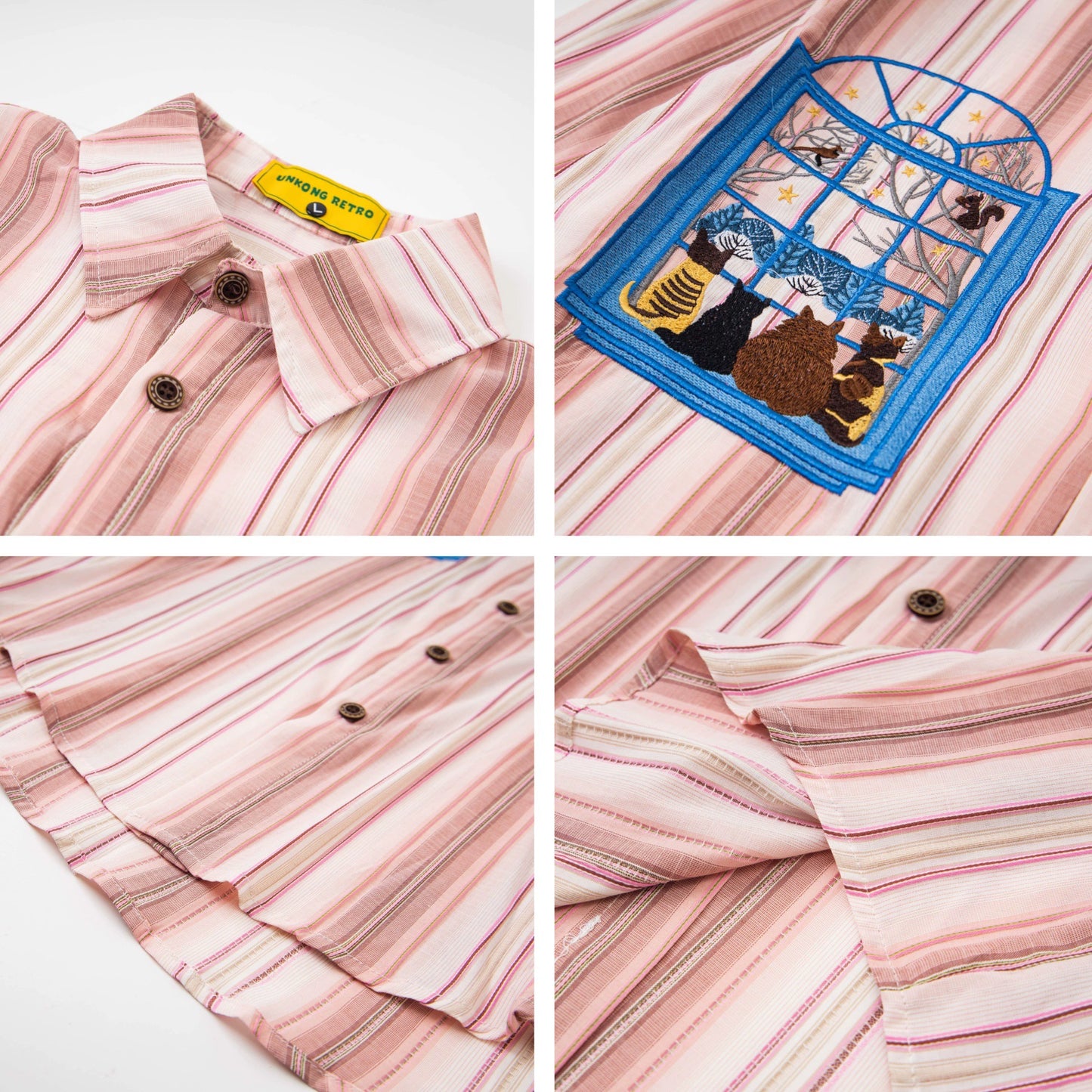 𝔼mbro 𝕊hirt𒉽2025秋冬小貓圖案刺繡條紋襯衫U-41