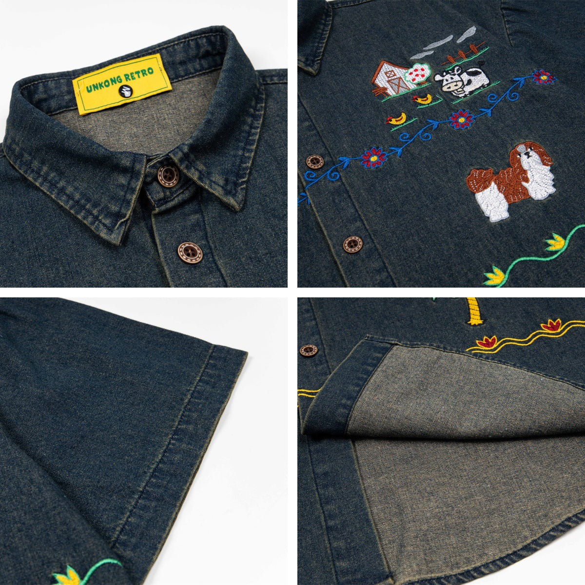 𝔼mbro 𝕊hirt𒉽美式復古趣味刺繡短袖牛仔襯衫外套 (淺藍)