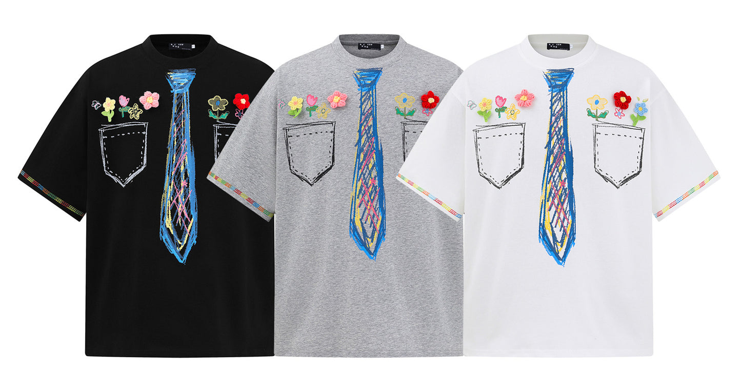 𝕃oose 𝔽it ☞𝟤𝟢𝟤𝟧 ☜領帶系列蠟筆塗鴉圓領寬版上衣A-3