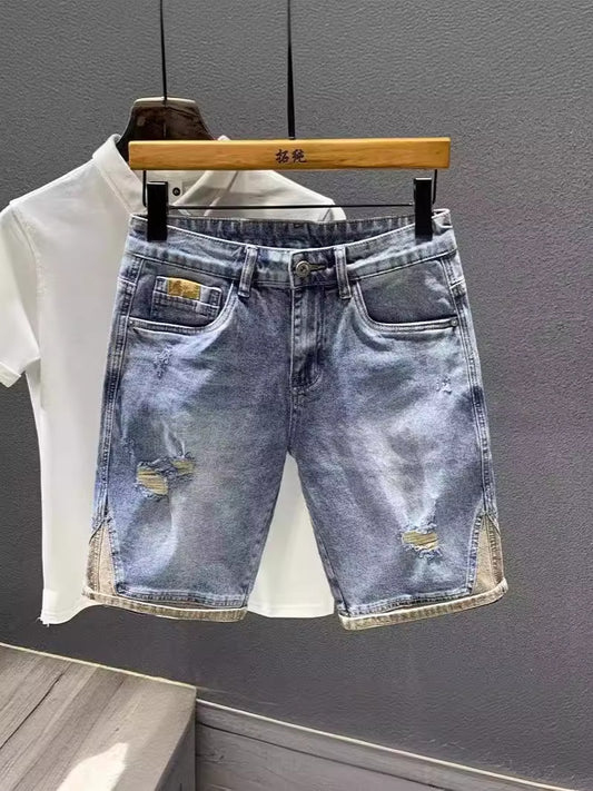 ♜ 𝔽𝕦𝕤𝕚𝕠𝕟 𝔽𝕠𝕔𝕦𝕤 𖥟 𝖏𝖊𝖆𝖓𝖘 ☞ 夏季薄款輕奢潮牌高端復古破洞牛仔短褲拼接彈力五分褲 Bs-01