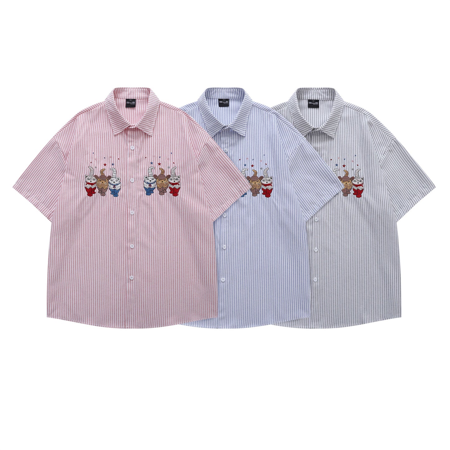 𝔼mbro 𝕊hirt𒉽日式復古可愛貓咪刺繡短袖百搭休閒襯衫 (灰色)