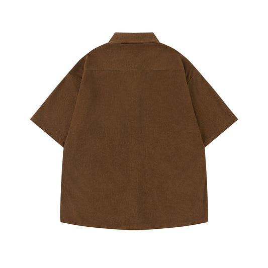 𝔼mbro 𝕊hirt𒉽美式復古趣味圖案燈芯絨短袖寬鬆襯衫 R-083