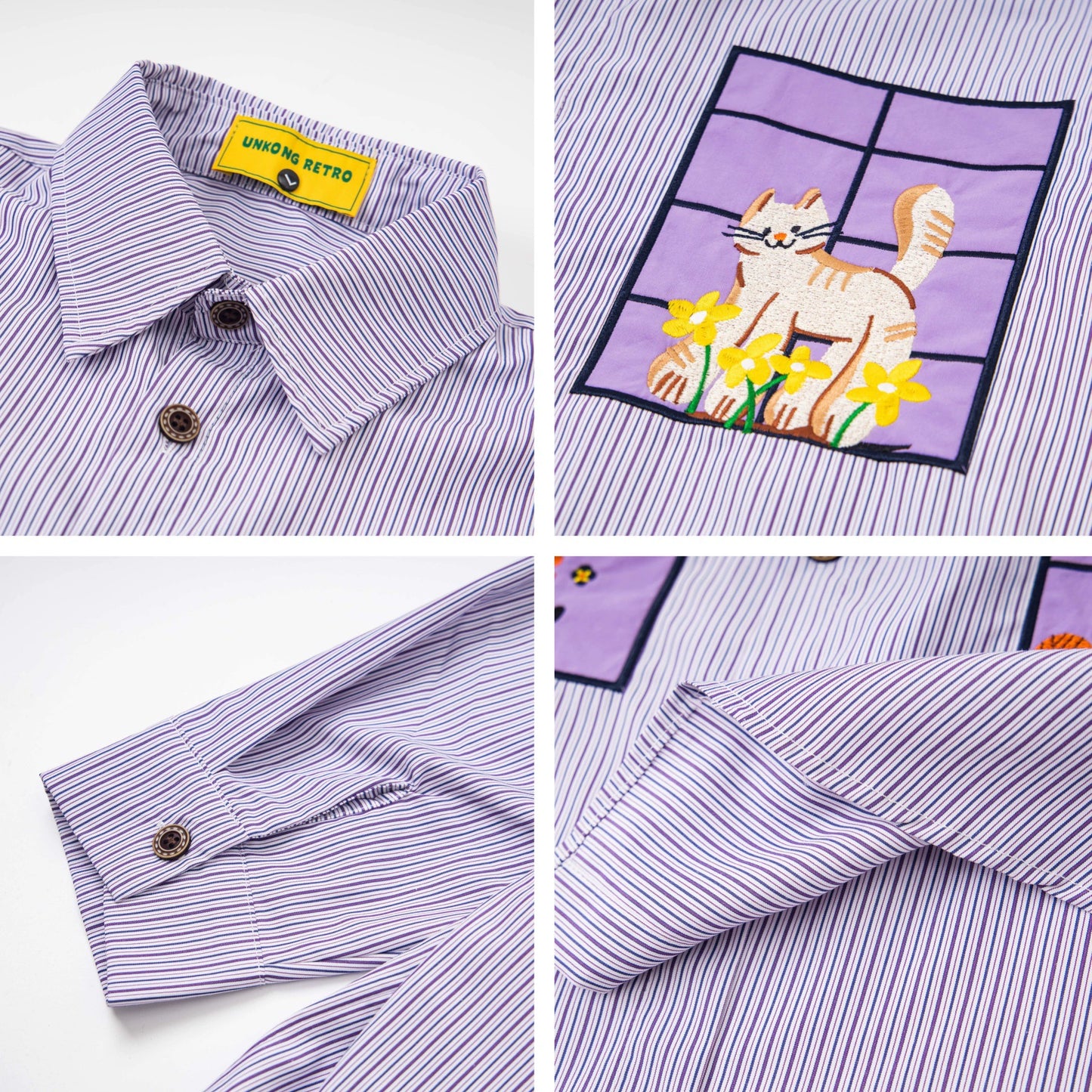 𝔼mbro 𝕊hirt𒉽2025秋冬小貓圖案刺繡條紋襯衫N-46