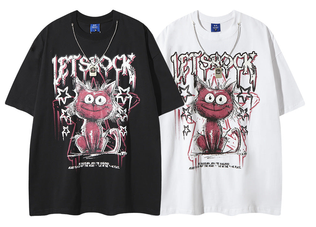 𝕃oose 𝔽it ☞𝟤𝟢𝟤𝟧 ☜美式復古趣味貓咪塗鴉印花風格男女中性 T-Shirt寬版上衣 RK83
