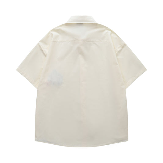 𝔼mbro 𝕊hirt𒉽日式復古可愛刺繡短袖百搭休閒襯衫 (米黃色)