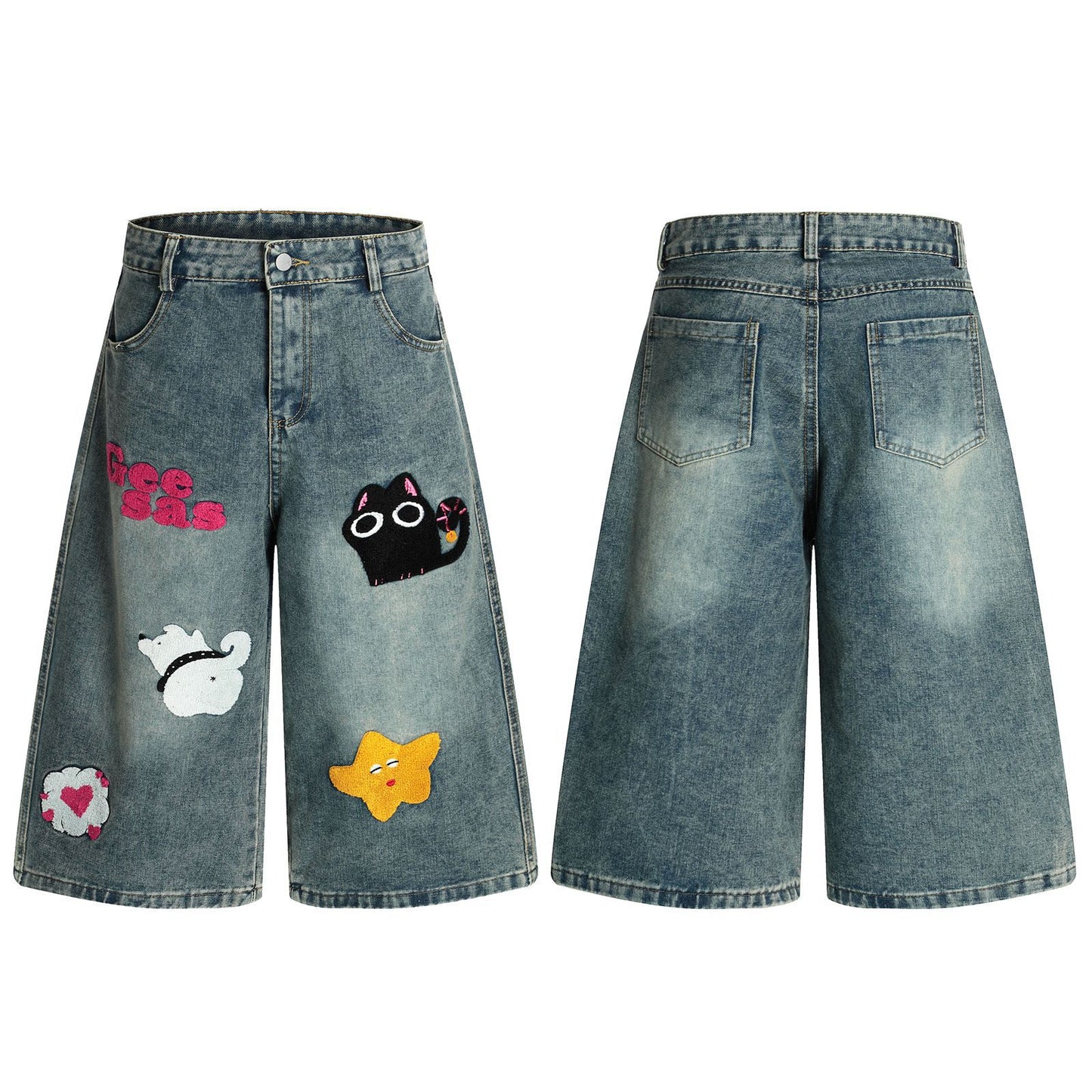 𖥟𝕽𝖊𝖑𝖆𝖝𝖊𝖉 𝖋𝖎𝖙 ☞美式復古水洗圖案刺繡牛仔七分褲G-83