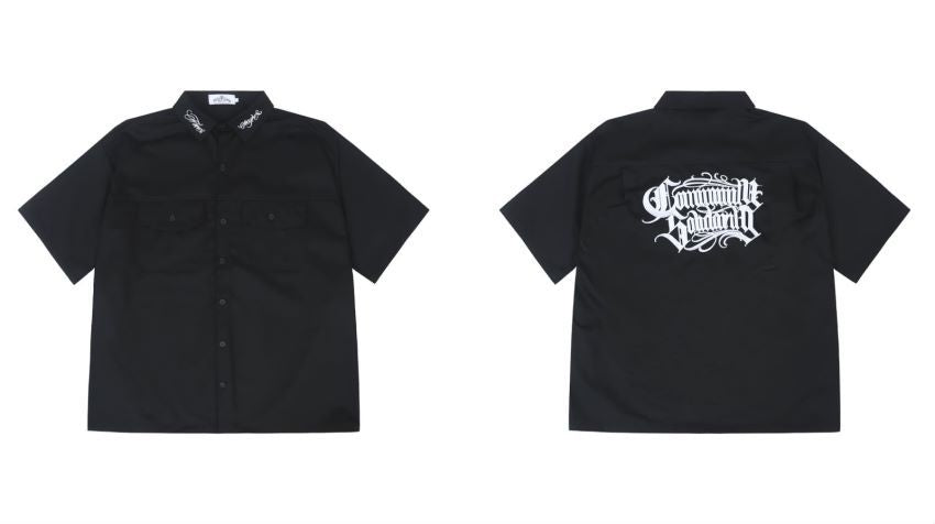 𝔽𝕦𝕤𝕚𝕠𝕟 𝔽𝕠𝕔𝕦𝕤-ᴄʜɪᴄᴀɴᴏ♠︎悍匪♠︎美式嘻哈寬鬆經典刺繡重磅工裝短袖襯衫