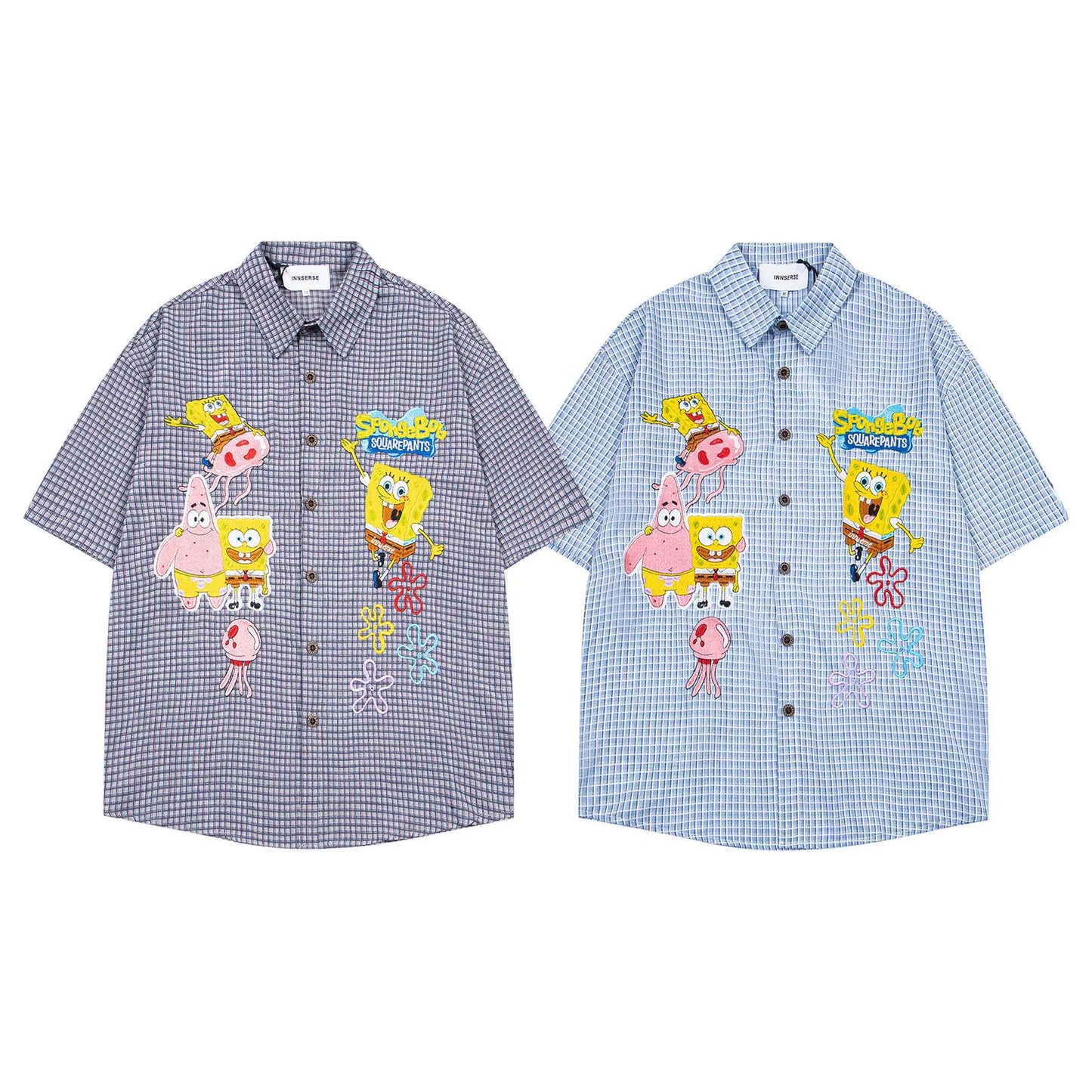 𝔼mbro 𝕊hirt𒉽童趣海綿寶寶系列刺繡短袖襯衫(深藍)