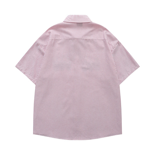 𝔼mbro 𝕊hirt𒉽日式復古可愛貓咪刺繡短袖百搭休閒襯衫 (紅色)