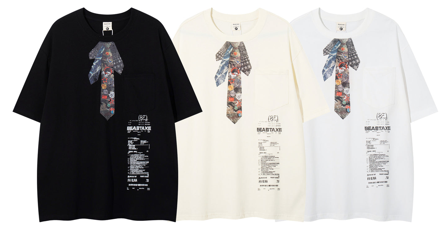 𝕃oose 𝔽it ☞𝟤𝟢𝟤𝟧 ☜美式復古領帶印花圓領T-Shirt寬版上衣A-9