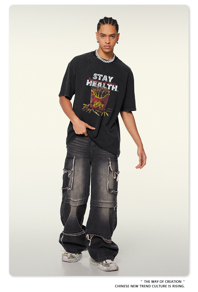 ▶𝔽𝕦𝕤𝕚𝕠𝕟 𝔽𝕠𝕔𝕦𝕤 ⌘𝓦𝓪𝓼𝓱𝓮𝓭 𝔀𝓲𝓷𝓭 ◀ 2025夏季歐美潮牌復古寬鬆上衣薯條印花惡搞短袖(黑) TZ-08