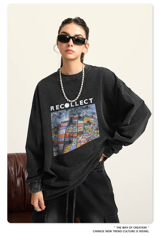 ♛𝔽𝕦𝕤𝕚𝕠𝕟 𝔽𝕠𝕔𝕦𝕤 ♛2025秋冬復古水洗印花大學T W-33