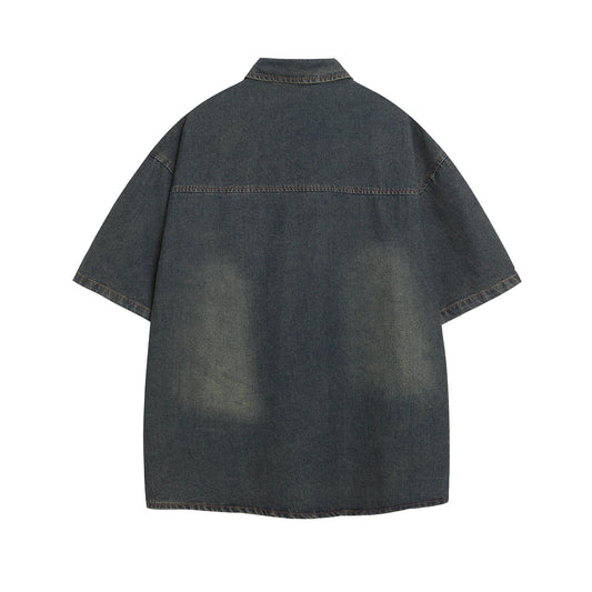 𝕃oose 𝔽it ☞𝟤𝟢𝟤𝟧 ☜美式復古水洗拼接短袖牛仔襯衫 IN-6