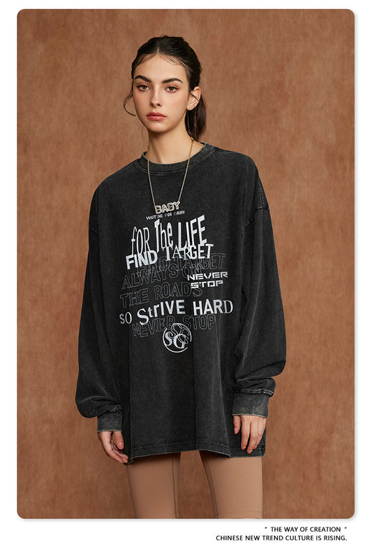 ♛𝔽𝕦𝕤𝕚𝕠𝕟 𝔽𝕠𝕔𝕦𝕤 ♛2025秋冬復古水洗印花大學T W-10