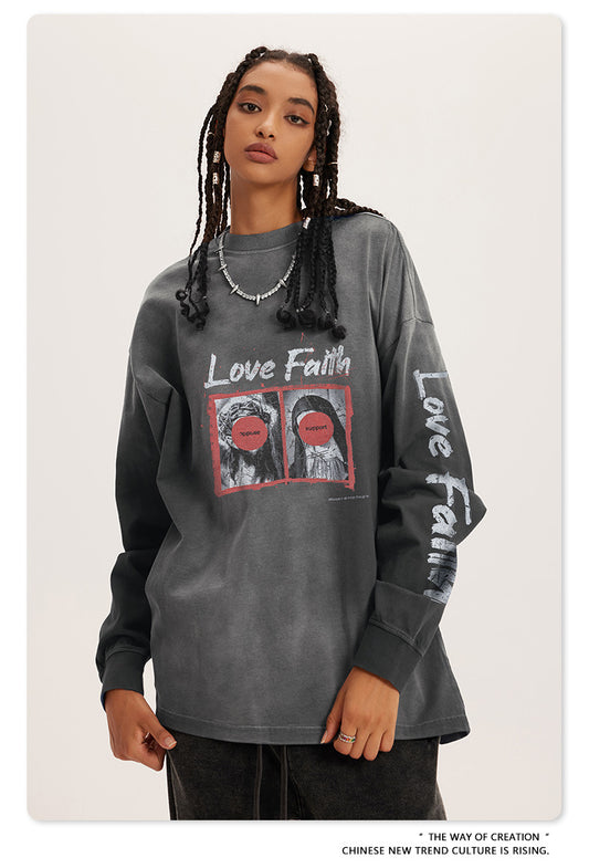 ♛𝔽𝕦𝕤𝕚𝕠𝕟 𝔽𝕠𝕔𝕦𝕤 ♛2025秋冬復古水洗印花大學T W-38