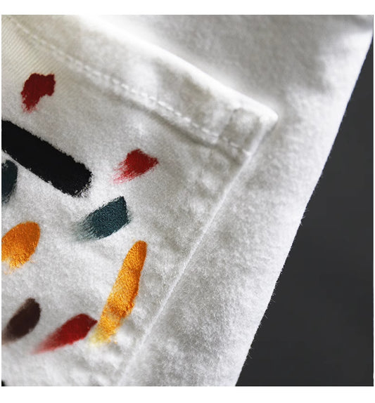 ♜ 𝔽𝕦𝕤𝕚𝕠𝕟 𝔽𝕠𝕔𝕦𝕤 𖥟 𝖏𝖊𝖆𝖓𝖘 ☞ 白色牛仔短褲修身潮牌百搭彈力塗鴉印花时尚五分褲 Bs-11