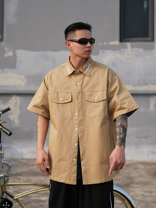 𝔽𝕦𝕤𝕚𝕠𝕟 𝔽𝕠𝕔𝕦𝕤 -ᴄʜɪᴄᴀɴᴏ♠︎悍匪♠︎美式嘻哈寬鬆經典刺繡重磅工裝短袖襯衫