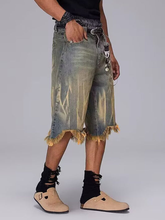 ♜ 𝔽𝕦𝕤𝕚𝕠𝕟 𝔽𝕠𝕔𝕦𝕤 𖥟 𝖏𝖊𝖆𝖓𝖘 ☞ 美式潮牌刷色黄泥染洗水做舊男女牛仔短褲寬鬆五分版型褲 Bs-06