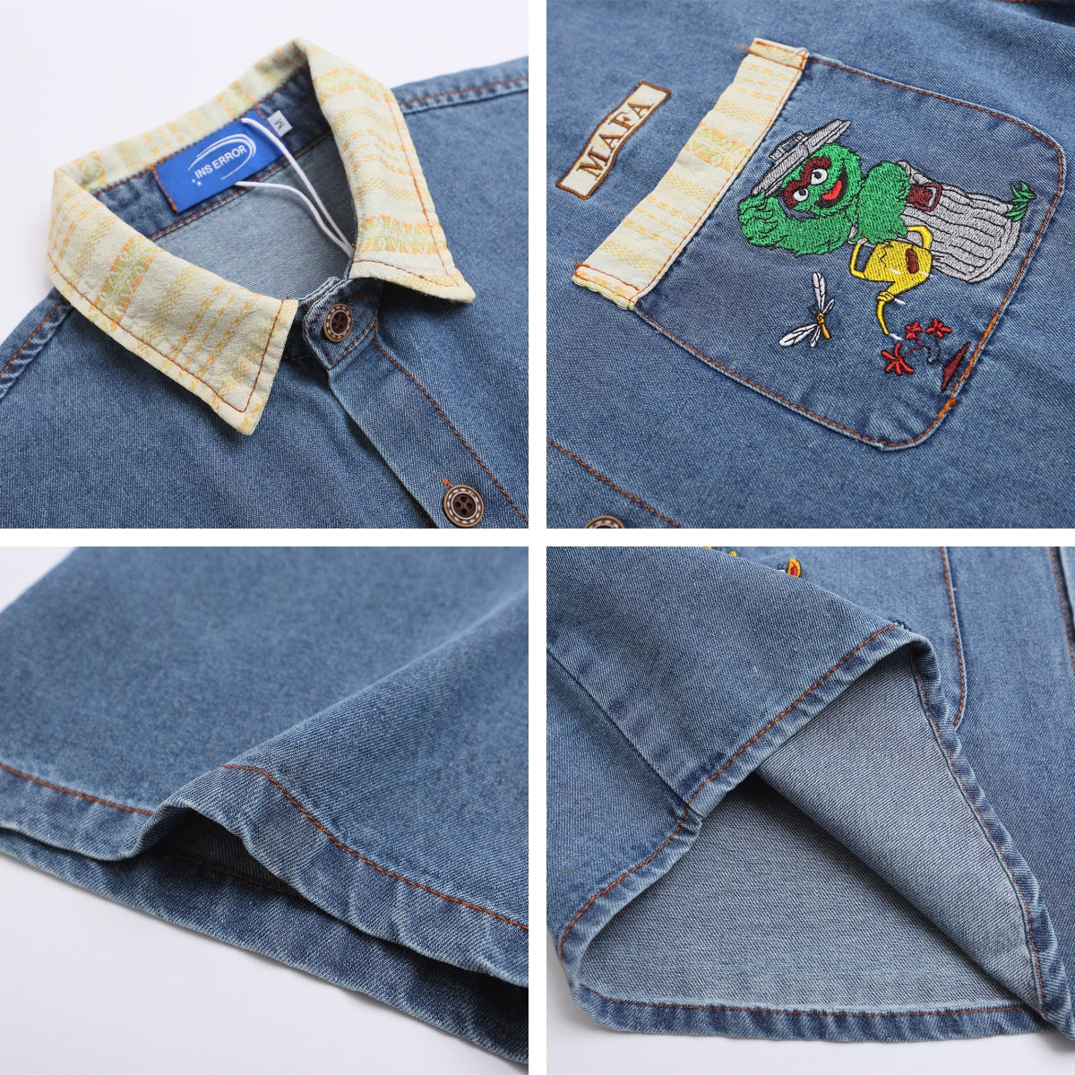 𝔼mbro 𝕊hirt𒉽美式復古趣味卡通刺繡牛仔休閒襯衫外套 I-727