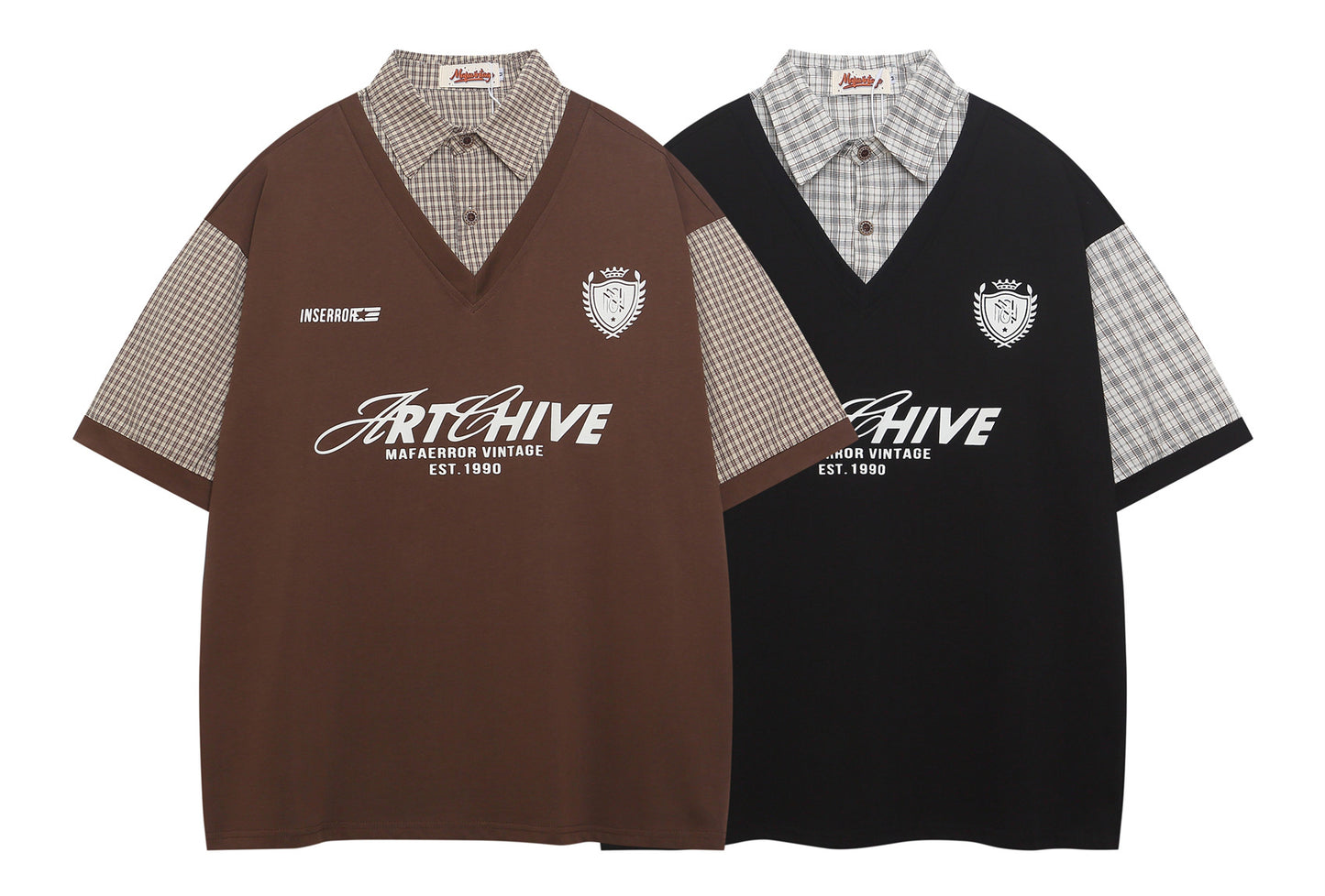 Polo Shirt𒉽美式復古印花拼接假兩件翻領POLO衫I-510