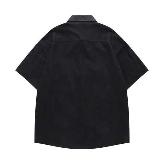 𝔼mbro 𝕊hirt𒉽美式復古趣味貓咪繡花燈芯絨短袖襯衫(黑色)